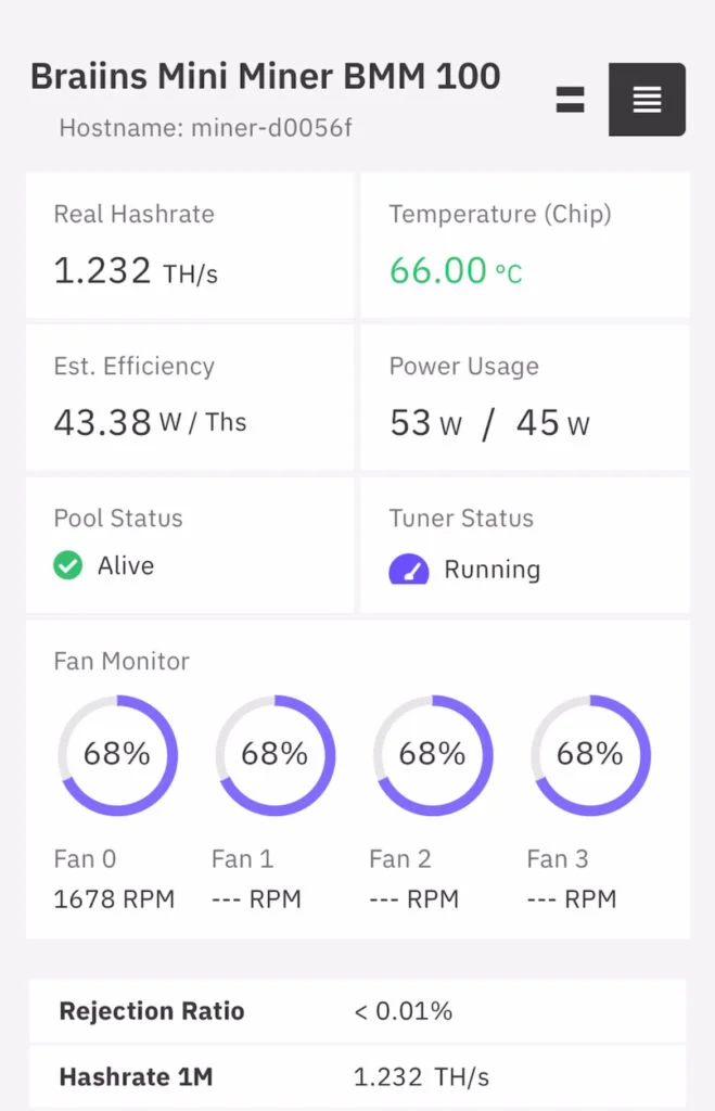 Braiins BMM 100 - hashrate - stats- real